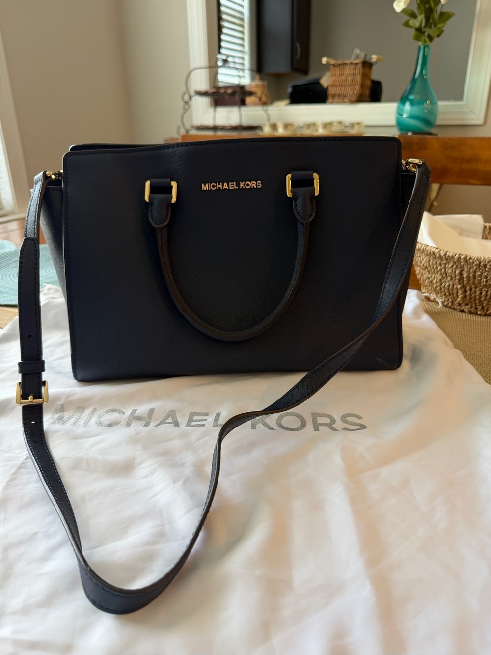Michael Kors Navy Leather Structured Satchel with Strap
